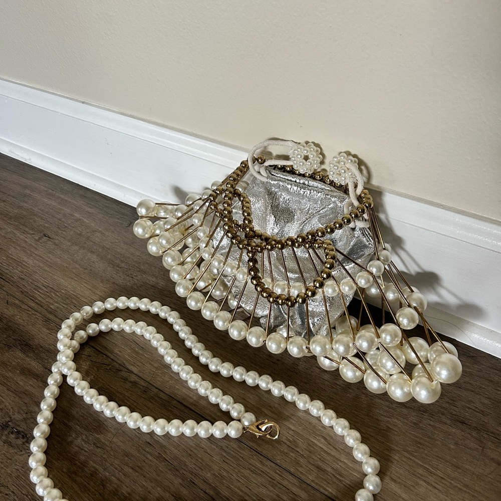 & Other Stories Silver Clutch with Gold and Pearl Embellishments